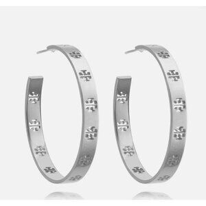 Tory Burch Silver Logo Hoop Earrings